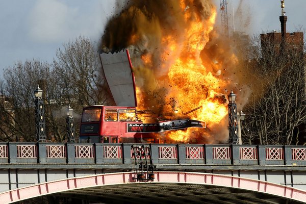 Exploding bus on Lambeth Bridge in London, for a feature movie coming out later this year