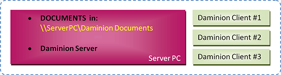 Scheme A. Documents are stored on a NAS or remote location. Daminion Server is installed on a Server PC