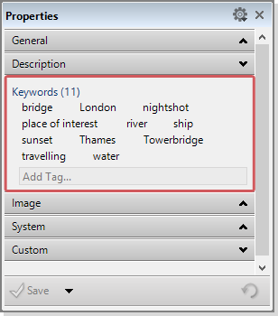 The keyword list in the Properties Panel
