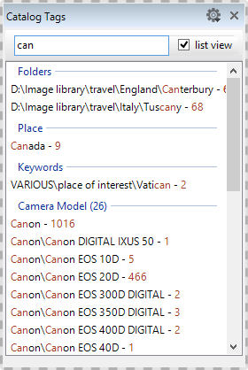 The "Filter Tags" list in the Catalog Tags Panel