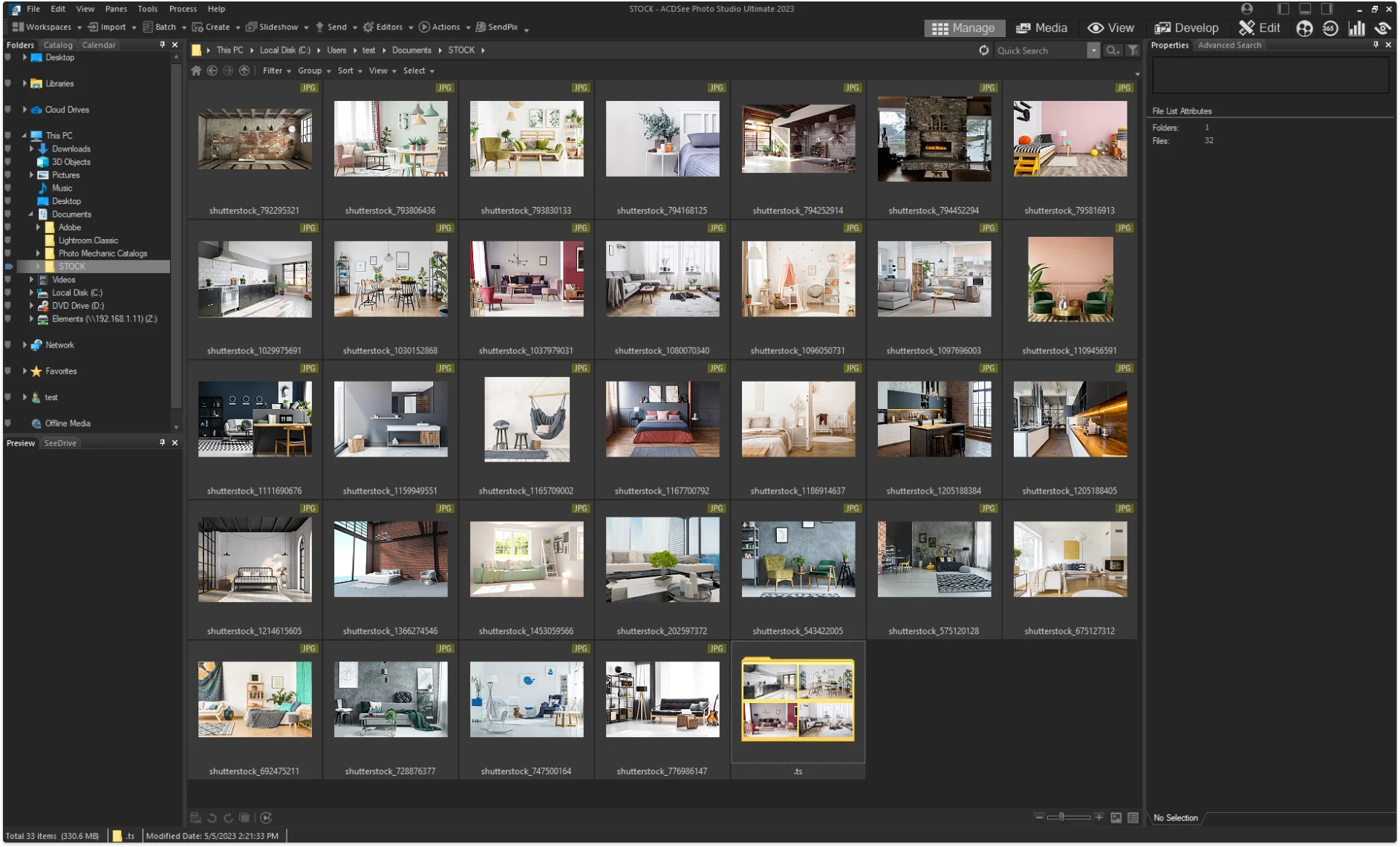 ACDSee Photo Studio Ultimate browsing a folder of stock interior photographs in thumbnail view