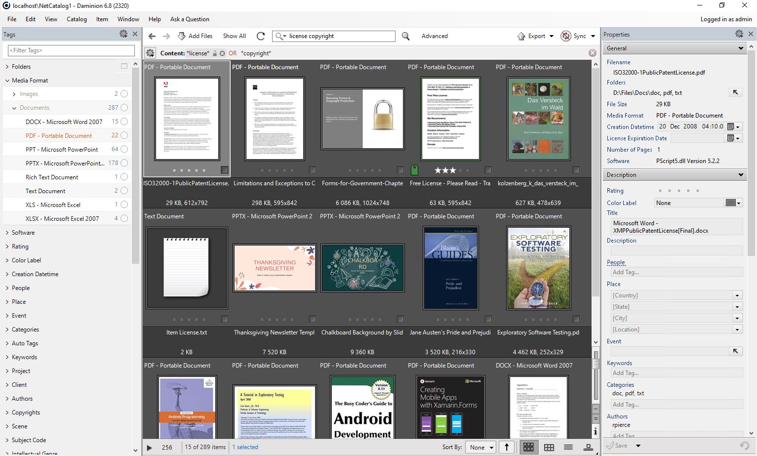 Daminion DAM searches digital assets (like PDF, PPTX, DOCX documents) based on full text
