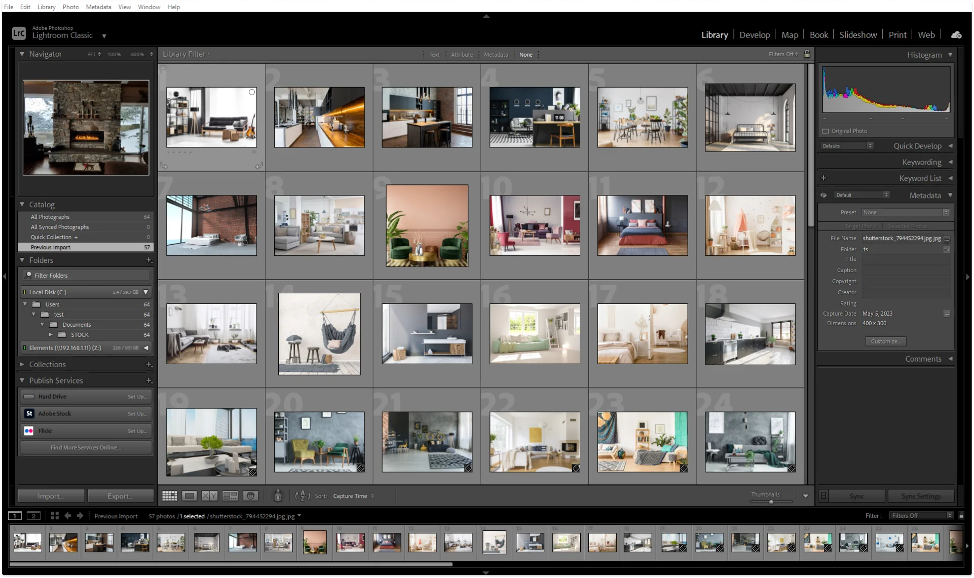 Adobe Lightroom Classic Library module with a grid of interior photos and the Keywording and Metadata panels open