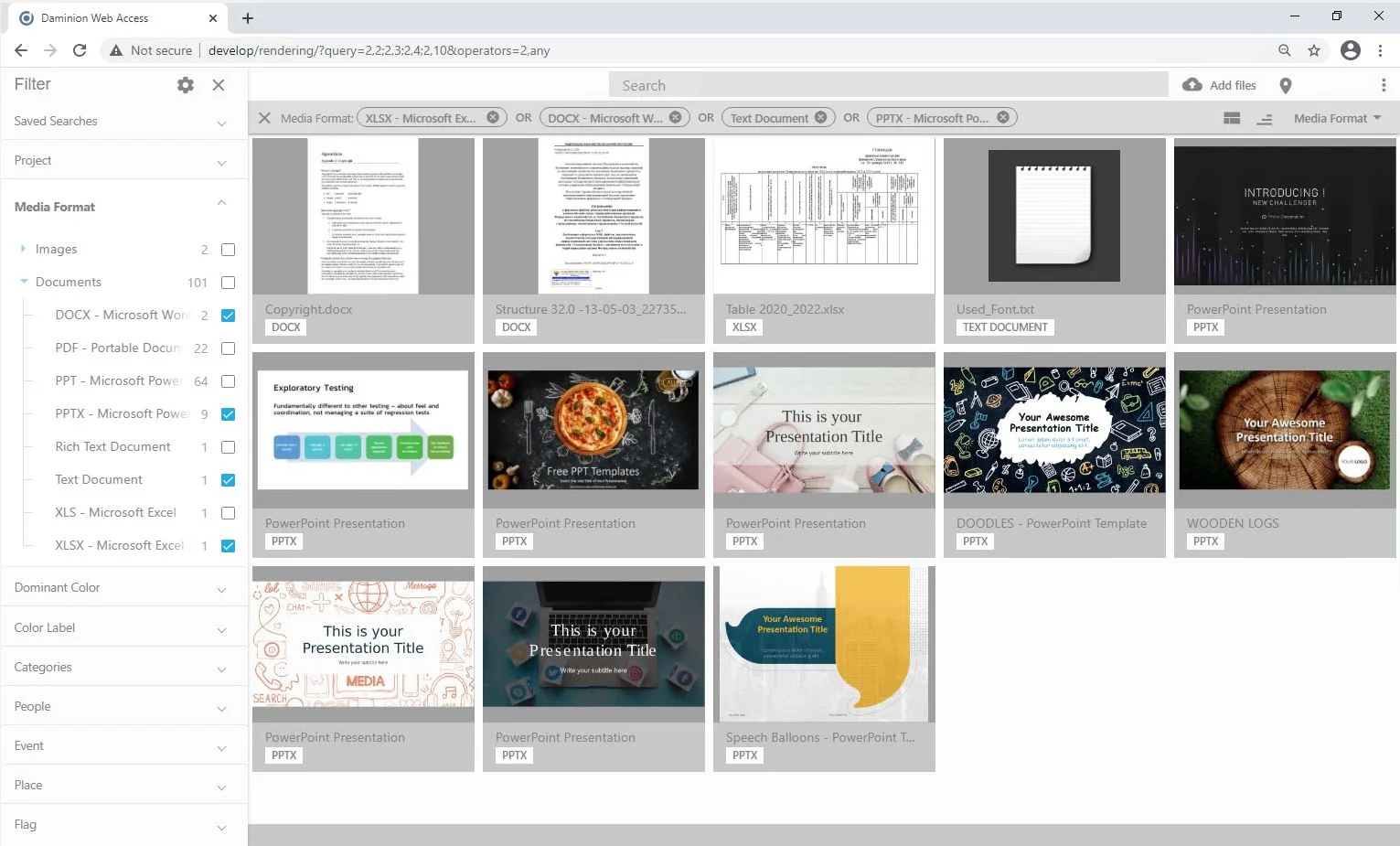 Daminion DAM displays visual previews for PDF and office documents (PPTX, DOCX)