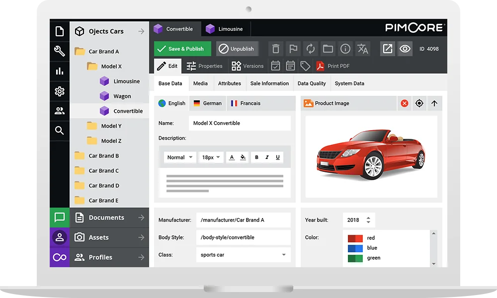 Pimcore open-source digital asset management interface