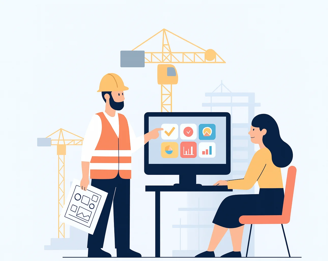 Construction worker and office manager reviewing project files on a shared screen