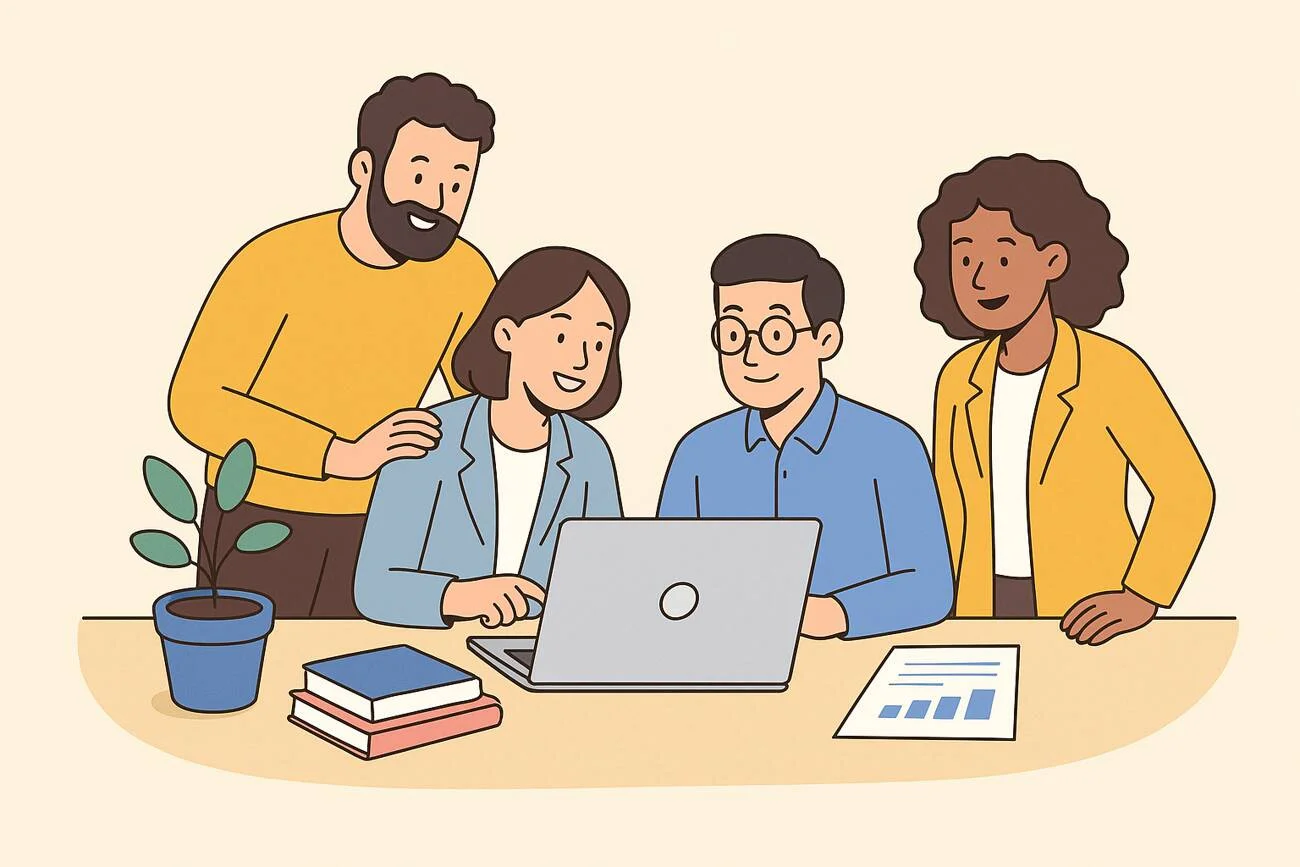 Small business team working with a shared media library