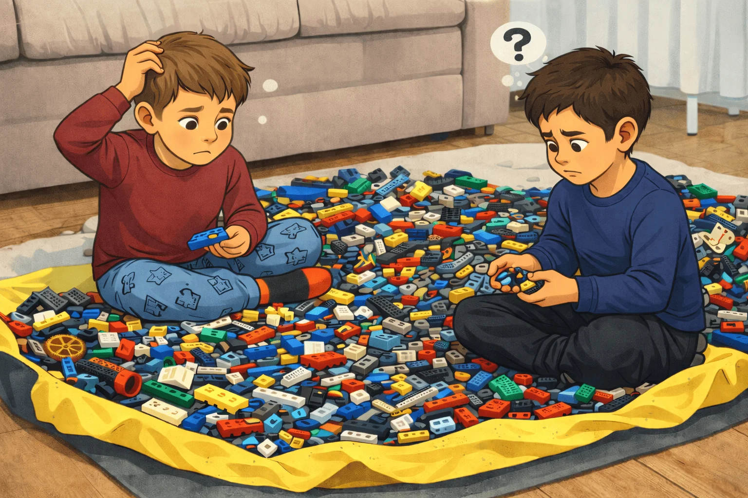 Two boys sitting on a mat covered with a huge pile of mixed building bricks, looking puzzled — unsorted files without a catalogue