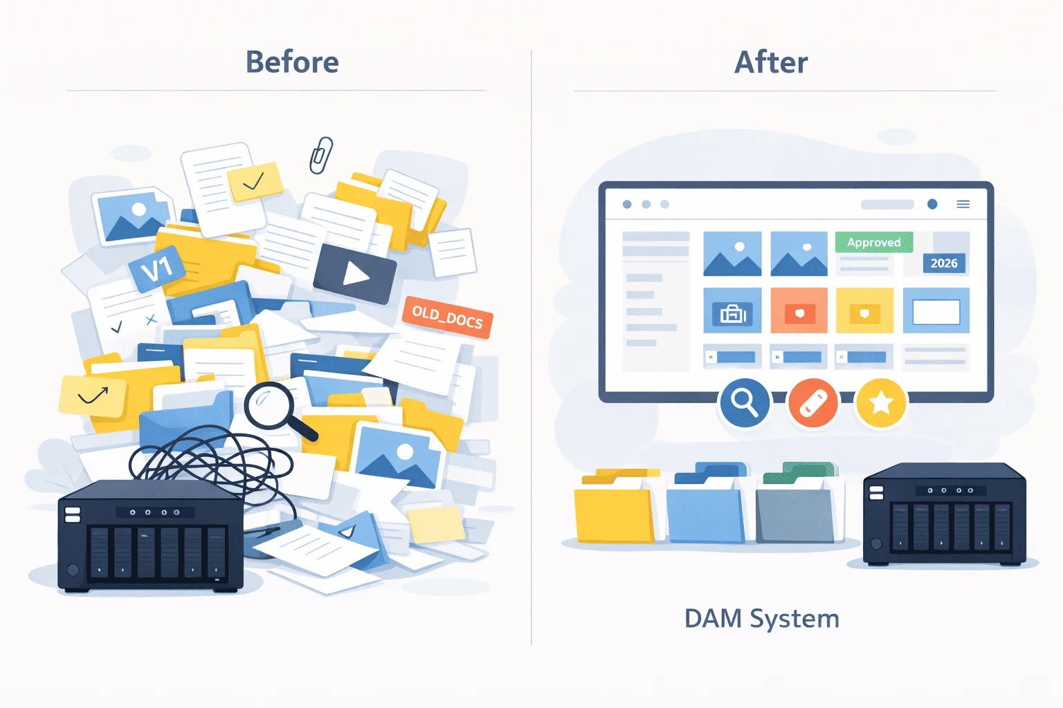 Corporate NAS storage connected to a digital asset management catalogue