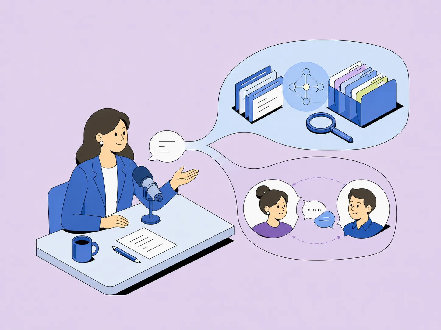 Woman giving an interview with visual bubbles showing AI, organized files, search, and human communication.