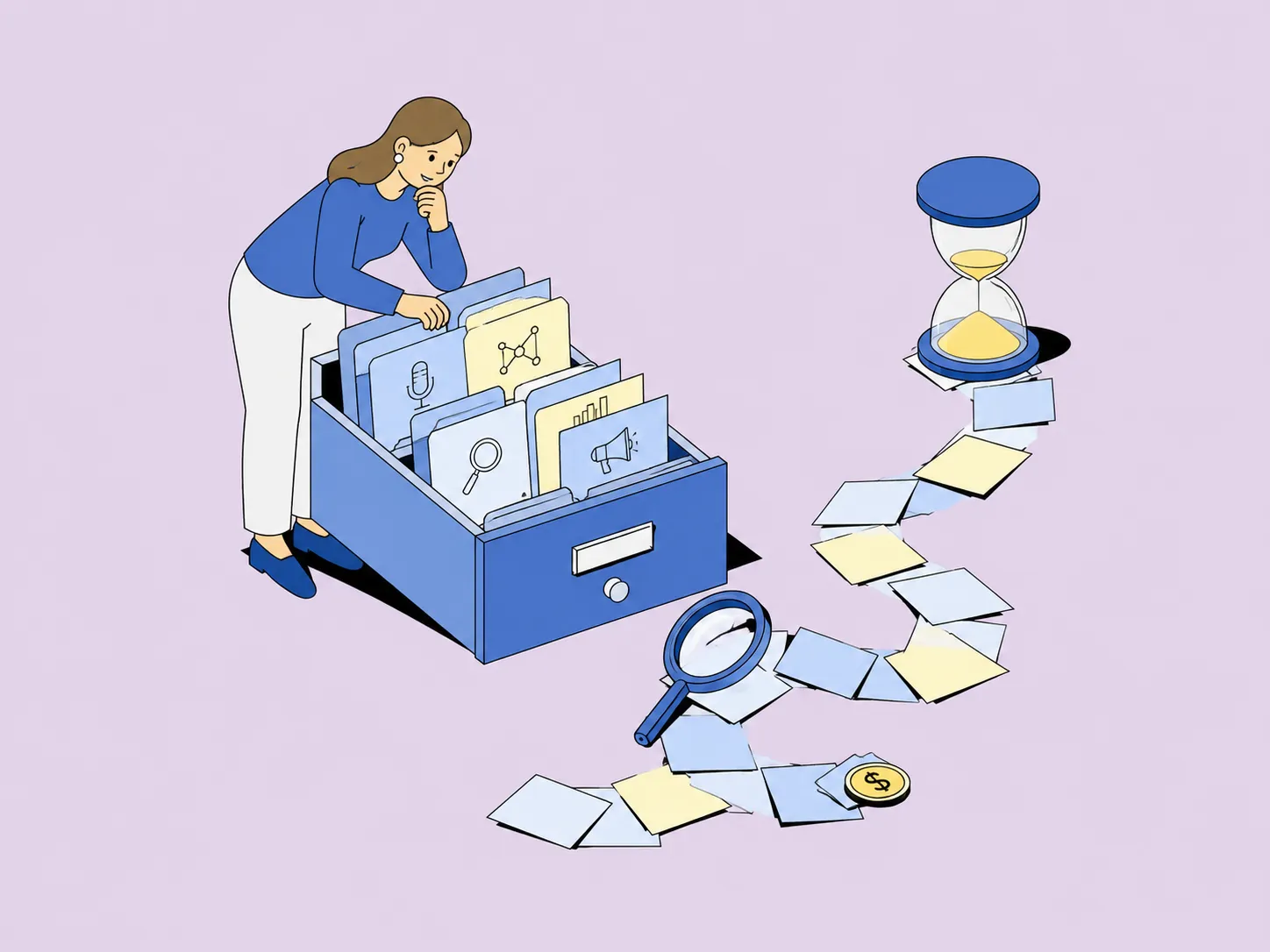 Woman searching through folders of PR tools, with papers, a magnifying glass, coins, and an hourglass showing the time lost choosing software.